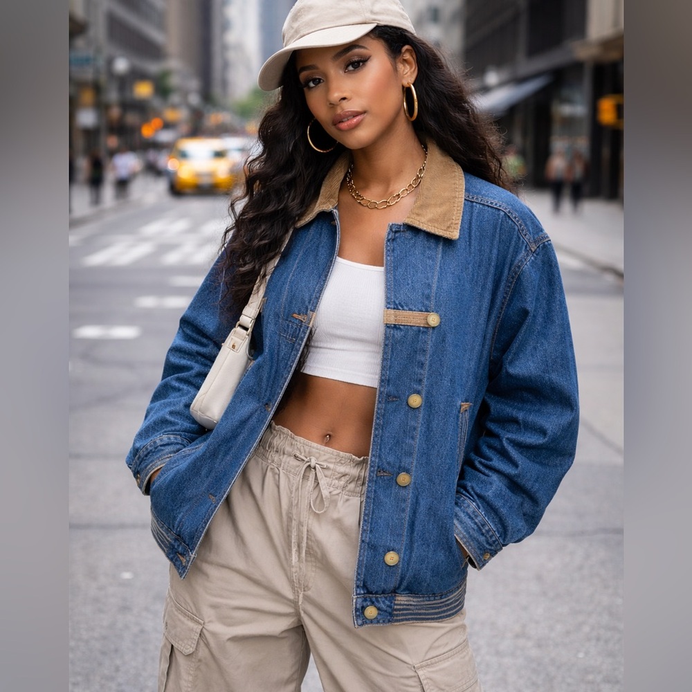 Vintage Blue Denim Jean Jacket with Tan Corduroy Collar